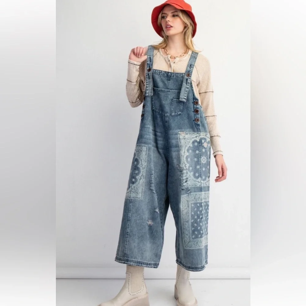 Easel Denim Patchwork Jumpsuit - Picture 4 of 5